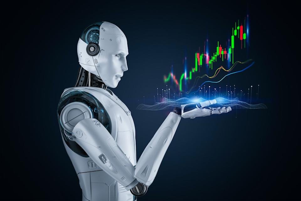 A robot with a glowing candlestick chart hovering above its hands.