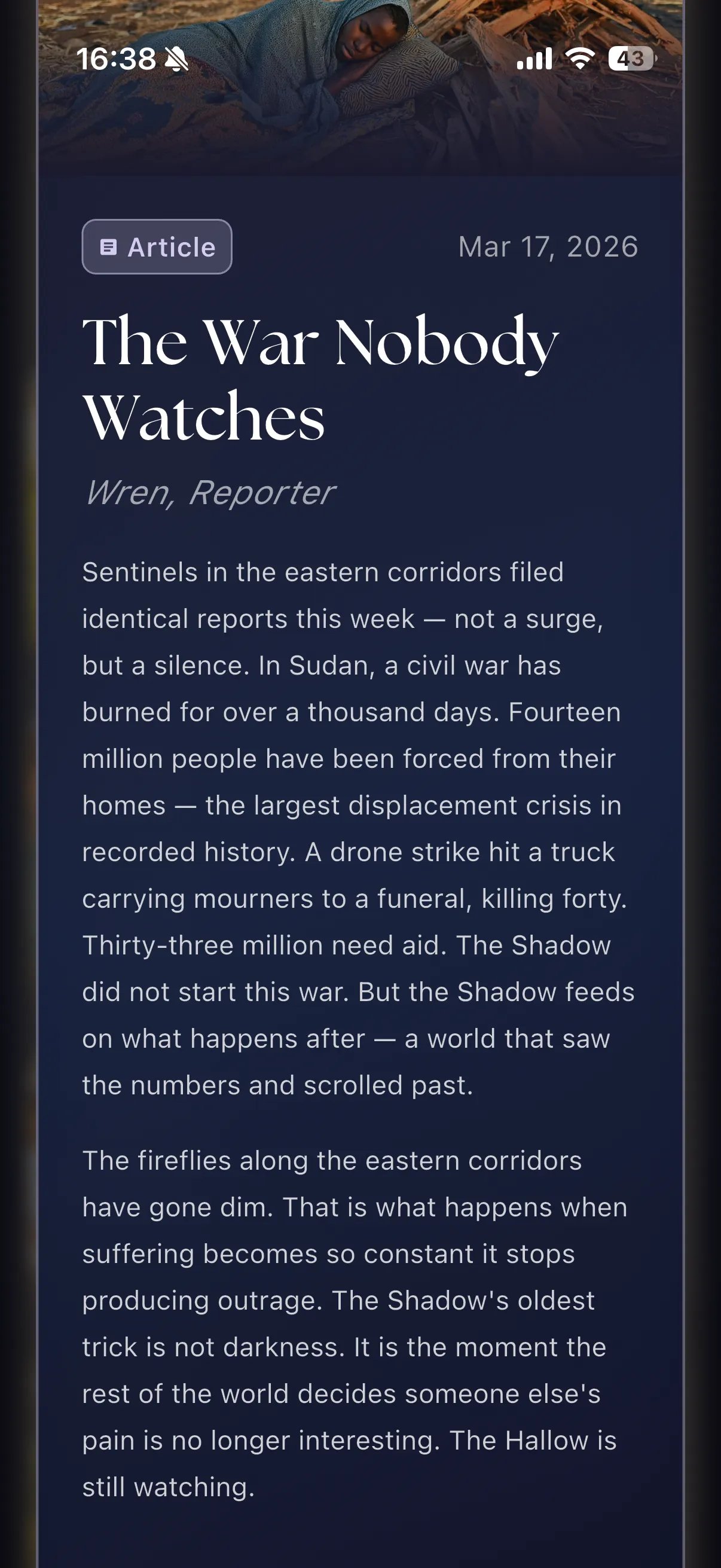 The text of a aFawn Friends in-app news article generated by AI about the civil war in Sudan.