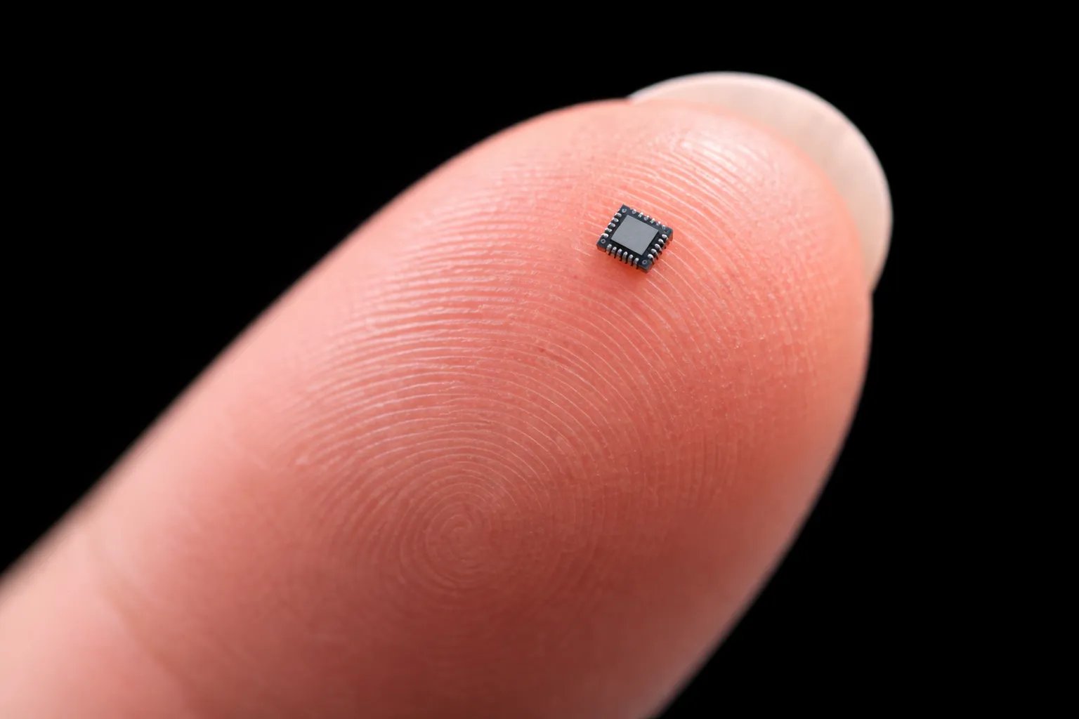 A very small chip shown on the pad of a finger to illustrate it's tiny scale
