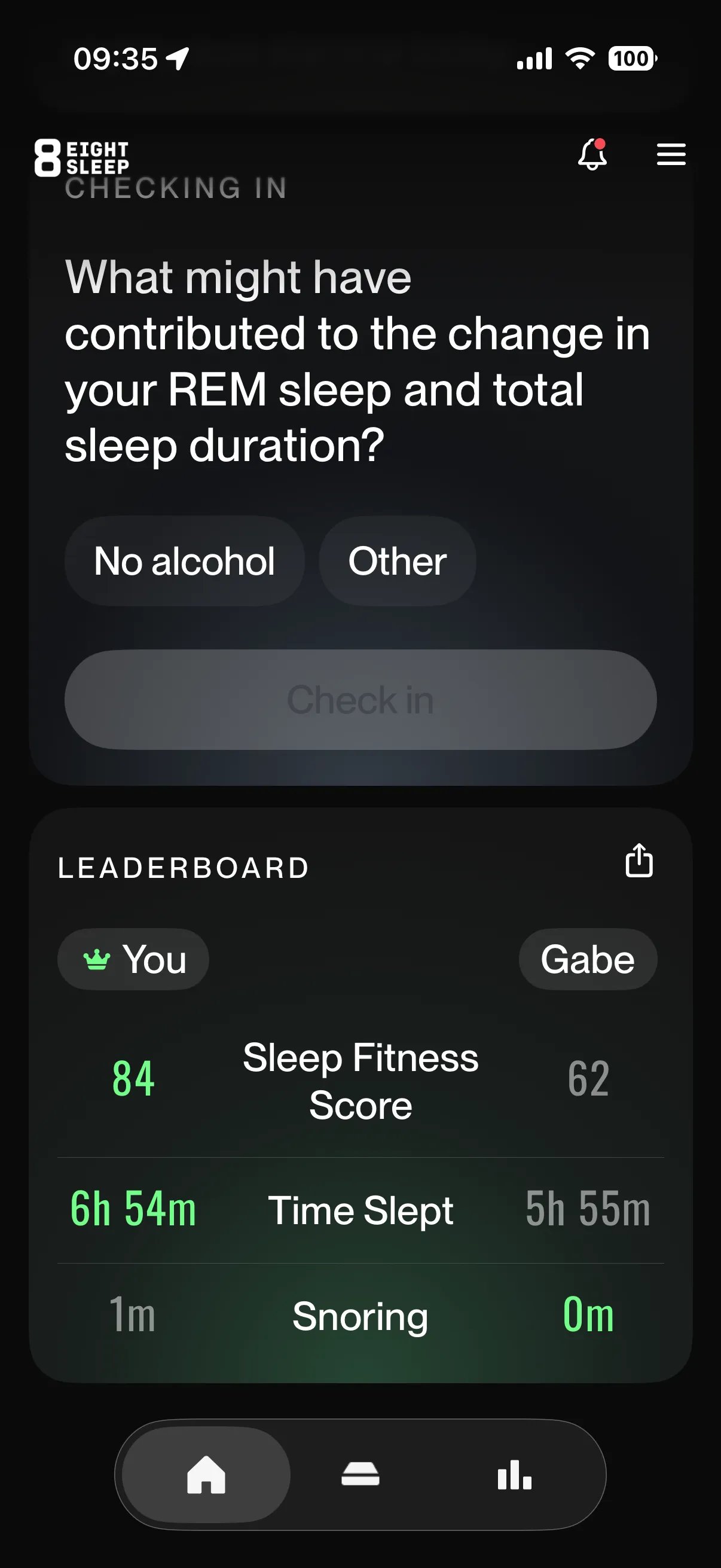 A screenshot of the Eight Sleep app showing a sleep leaderboard. The metrics Sleep Fitness Score, Time Slept, and Snoring are shown with the favorable metric highlighted in green. Senior reviewer Victoria Song gets a tiny green crown for winning.