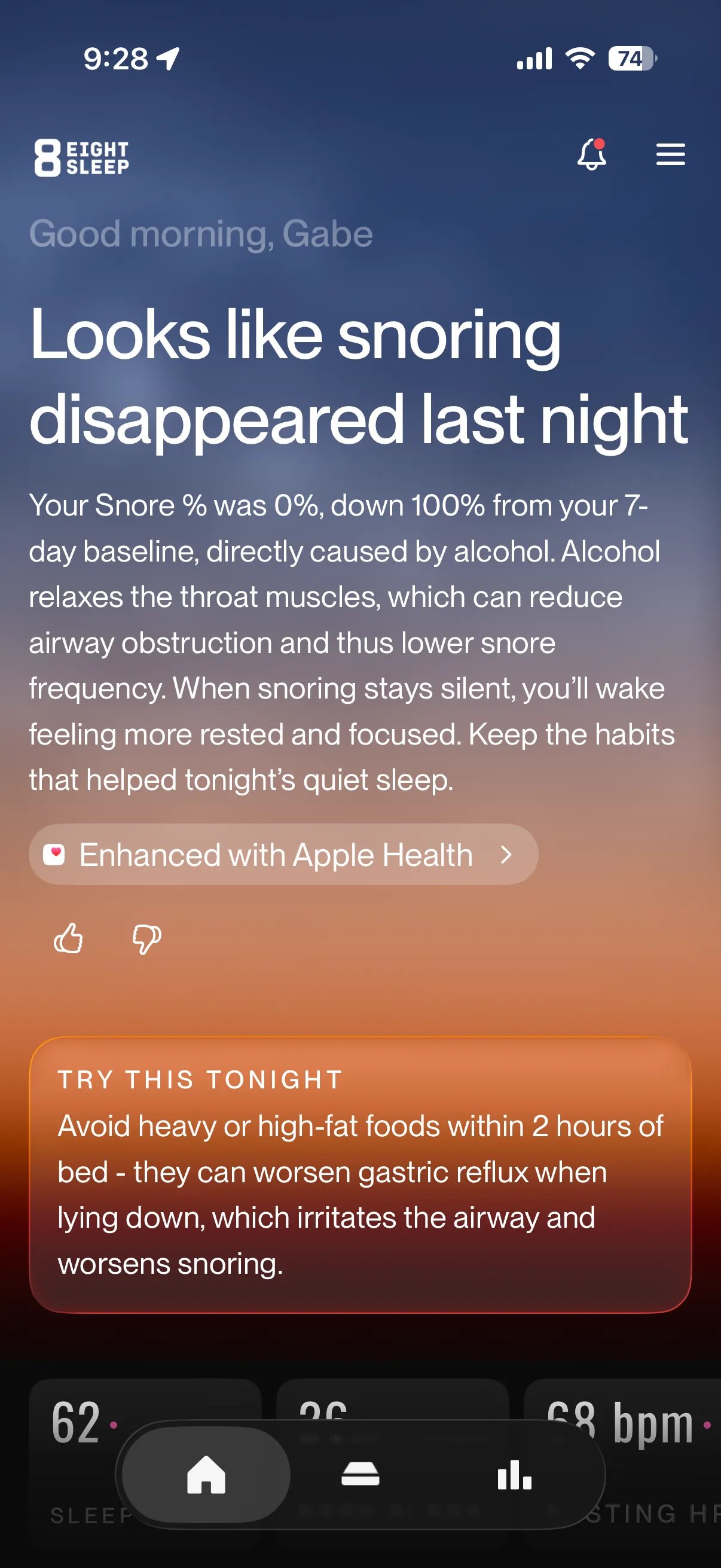 Screenshot of the Eight Sleep app that reads “Looks like snoring disappeared last night. Your Snore % was 0%, down 100% from your 7-day baseline, directly caused by alcohol. Alcohol relaxes the throat muscles, which can reduce airway obstruction and thus lower snore frequency. When snoring stays silent, you’ll wake feeling more rested and focused. Keep the habits that helped tonight’s quiet sleep.” 