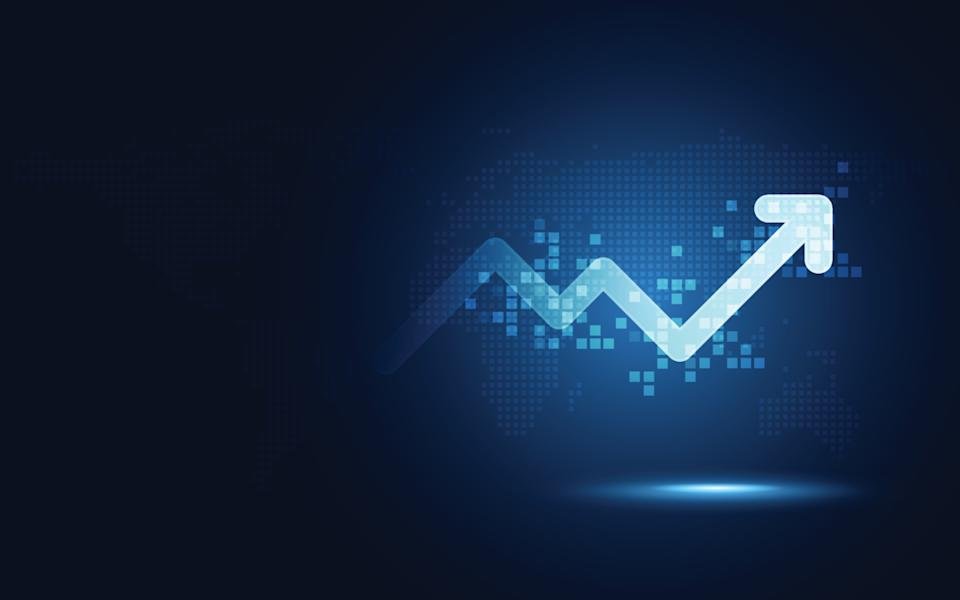 An arrow with a blue background moving up higher.