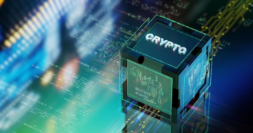 A digital illustration of a cryptocurrency on a blockchain.