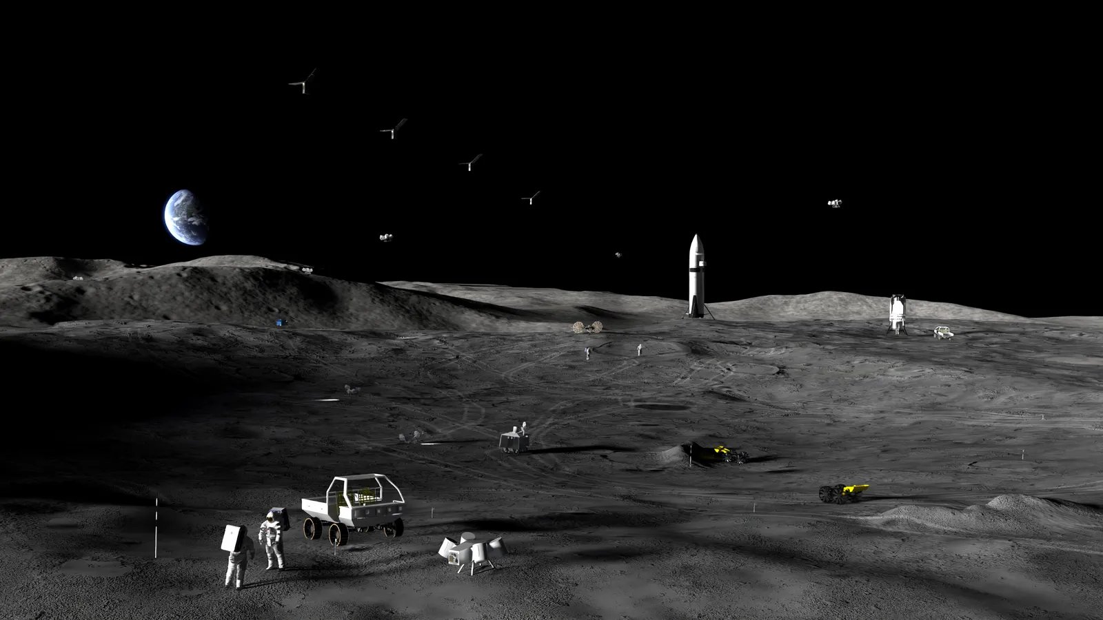 Phase one and two of NASA's Moon Base program contemplate ground experimentation payload delivery and foundation placement.