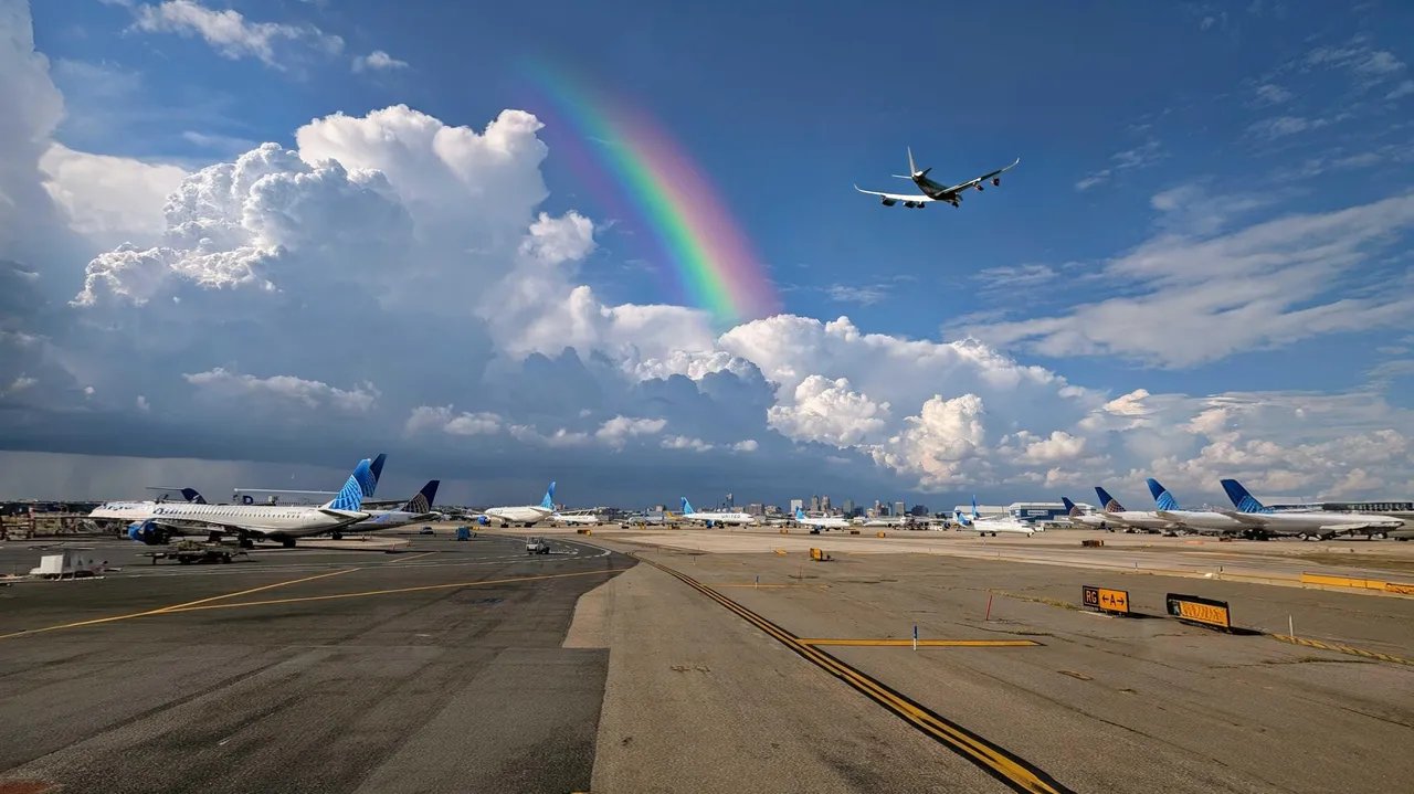 Newark airport with a plane flying next to a rainbow