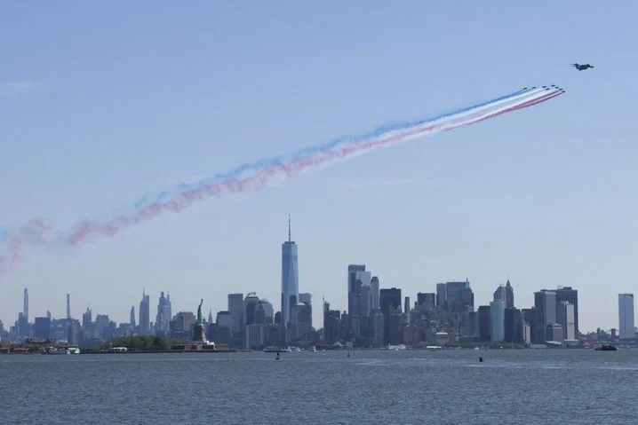 The Patrouille de France flies over Manhattan over the Hudson River in commemoration of the 250th anniversary of American independence, in New York, June 9, 2026. 