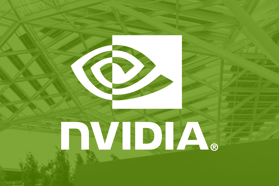 Nvidia name and logo on green filter with office in background.