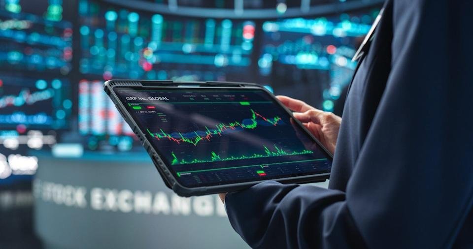Close-up of a person in a dark suit holding a black tablet displaying green and red financial stock charts. The background features a blurred, blue-lit stock exchange environment with digital data screens and partially visible text that reads 'STOCK EXCHANG'.