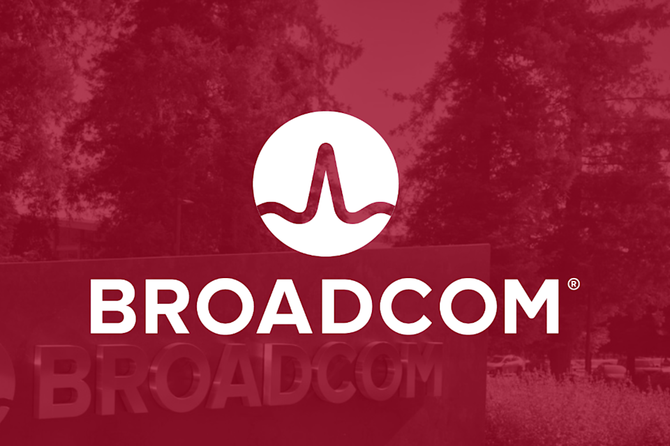The Broadcom company logo on a red backdrop.