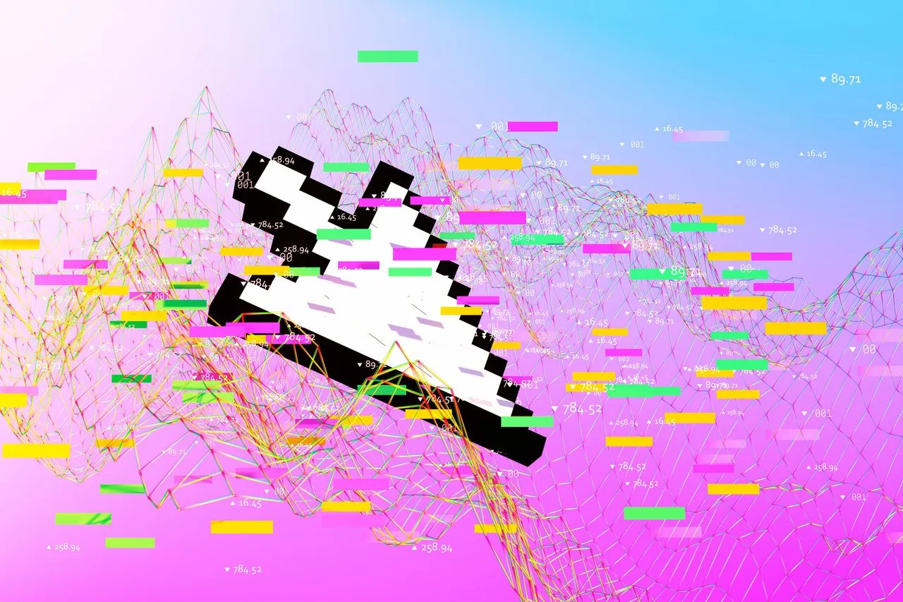 Digital generated image of Large scaled cursor surrounded by multicoloured data against purple background.