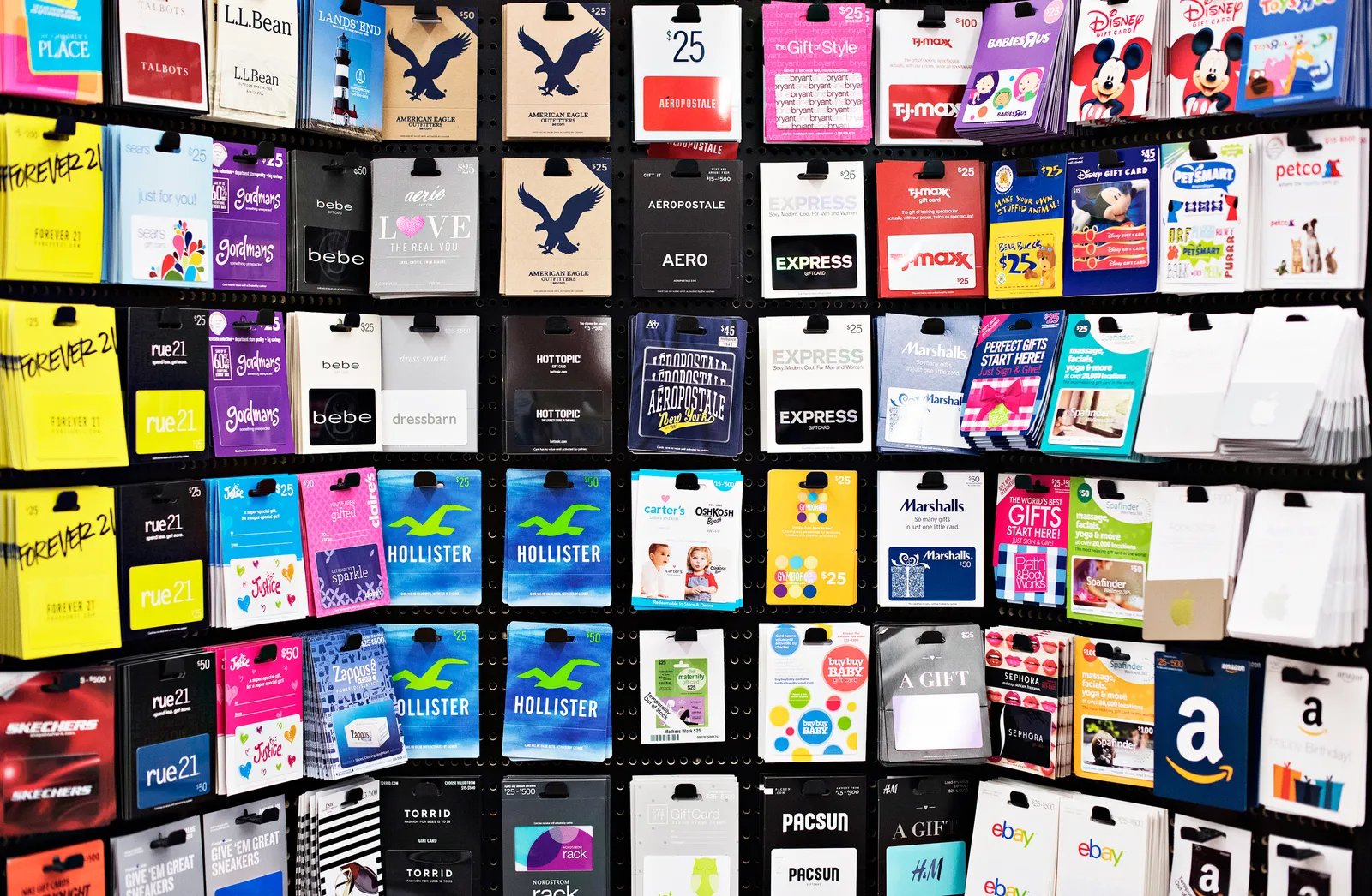 gift cards hanging on wall